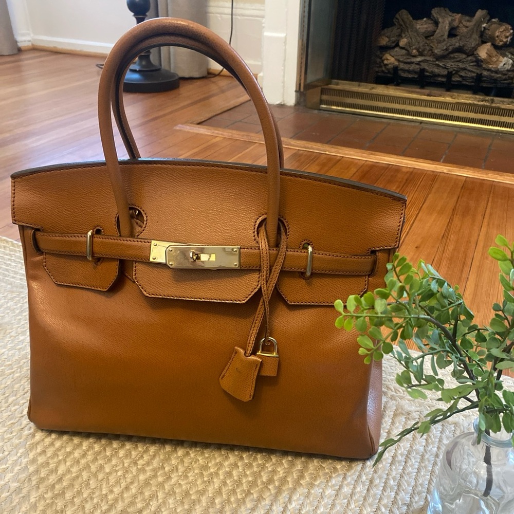 Togo Leather Brown  Handbag 35 with gold hardware top handle box calf